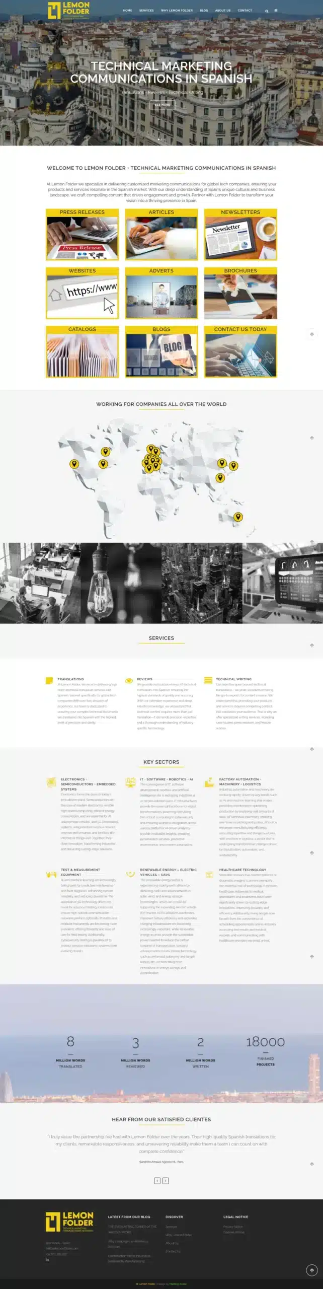 Para Lemon Folder, empresa especializada en comunicaciones de marketing técnico para el sector tecnológico en España, desarrollé una identidad digital coherente, profesional y con personalidad. El proyecto abarcó tanto el diseño y desarrollo de su sitio web como la creación del nuevo branding corporativo.