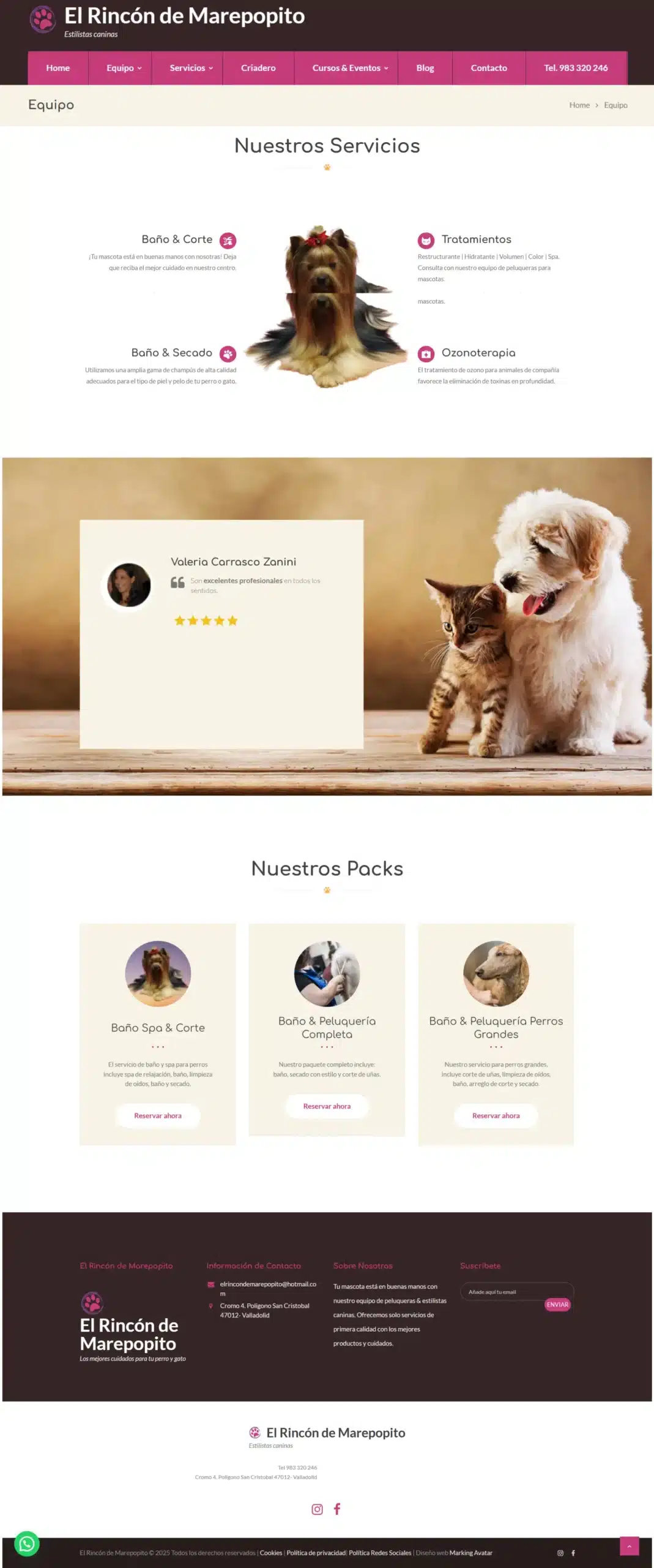La web integra de forma fluida todas las áreas de su actividad: desde el estilismo canino y la preparación para exposiciones, hasta la formación especializada y el criadero. Se diseñó con una estructura clara y visualmente atractiva, enfocada en la experiencia del usuario, para facilitar tanto la navegación como la reserva de servicios.
