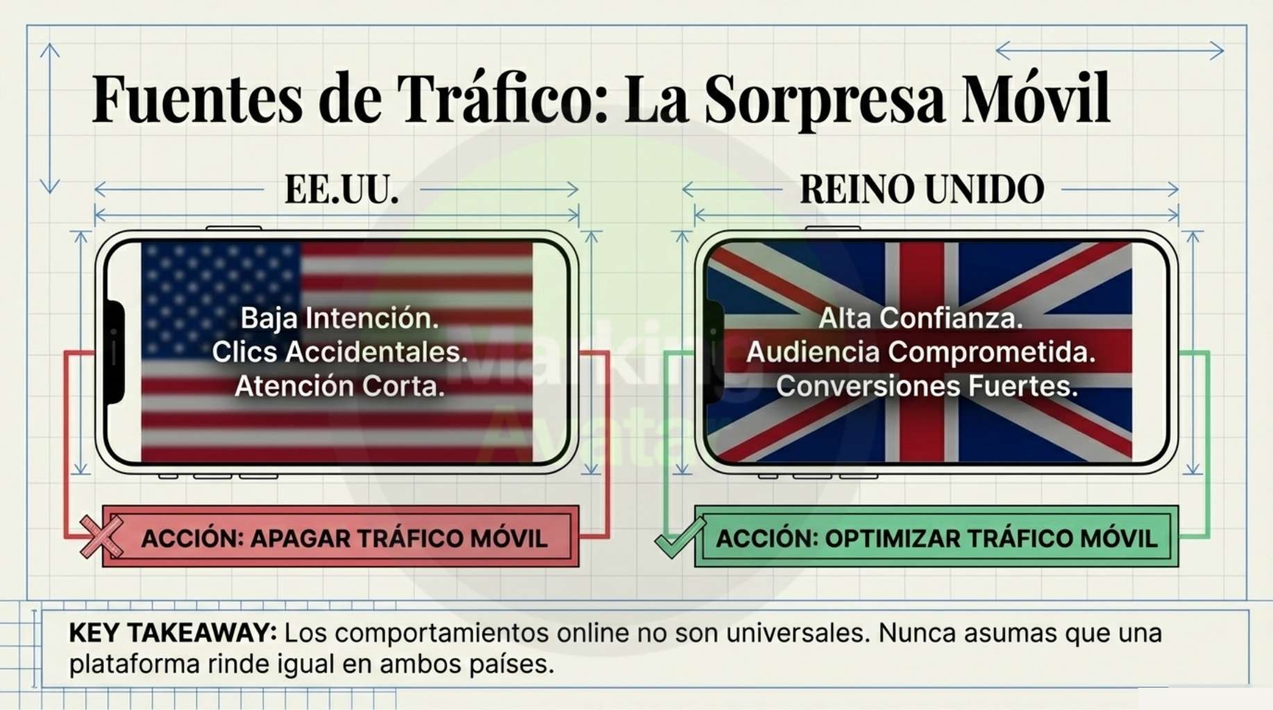 Comportamiento en móviles: Curiosamente, el tráfico móvil en el Reino Unido muestra una mayor intención y compromiso que en EE. UU., donde los usuarios móviles suelen tener periodos de atención más cortos y generan más clics accidentales.