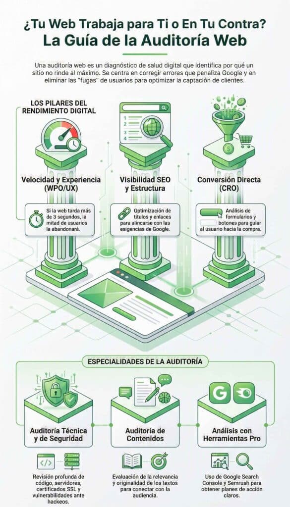 Si notas que tu tráfico ha bajado, que los usuarios entran pero no compran (baja conversión), o que la web tarda demasiado en cargar, necesitas una auditoría. Te permite tomar decisiones basadas en datos reales en lugar de suposiciones, ahorrándote dinero en campañas publicitarias ineficaces.